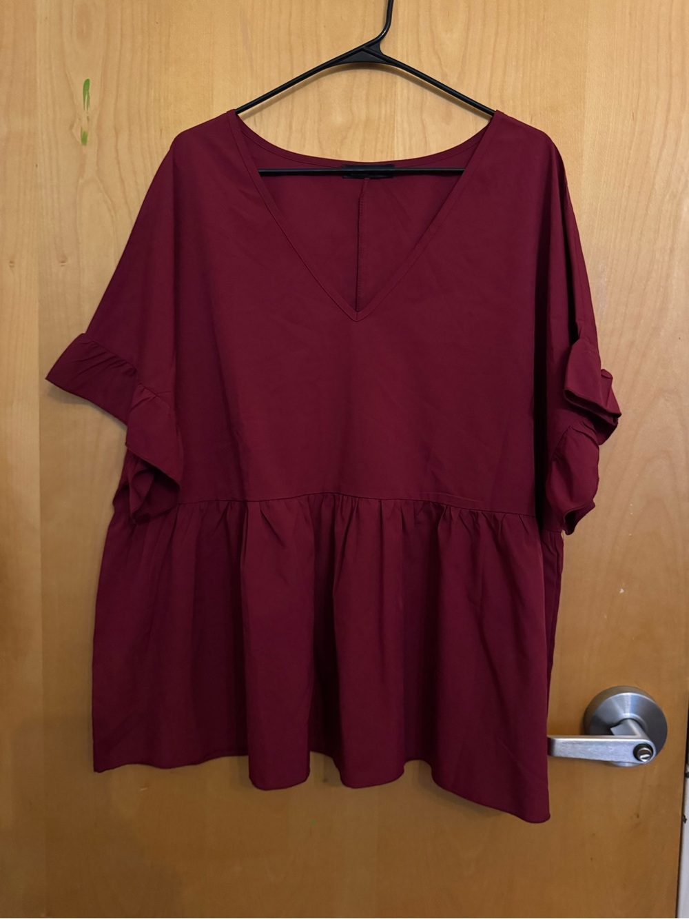 V-Neck Ruffle Sleeve Peplum Top in Burgundy 3X